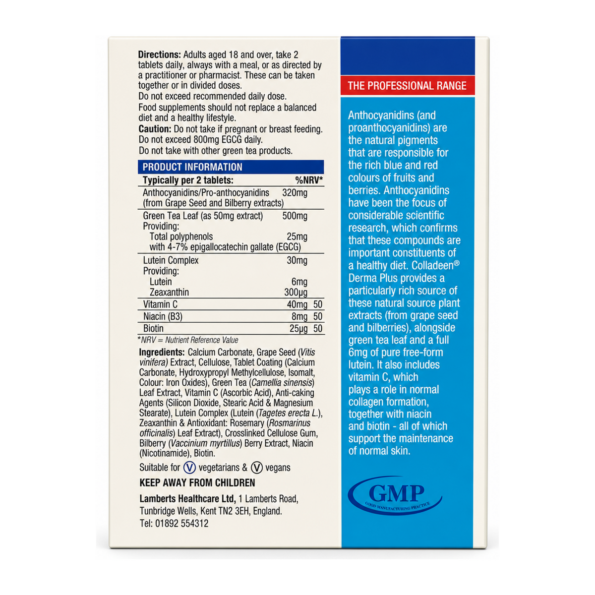 LAMBERTS Colladeen®Derma Plus Anthocyanidins — back view showing ingredients and product details, studio product photo on white background