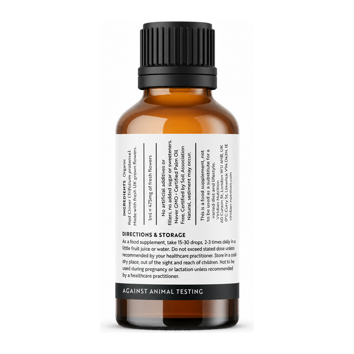 Viridian Organic Red Clover Tincture — back view showing ingredients and product details, studio product photo on white background