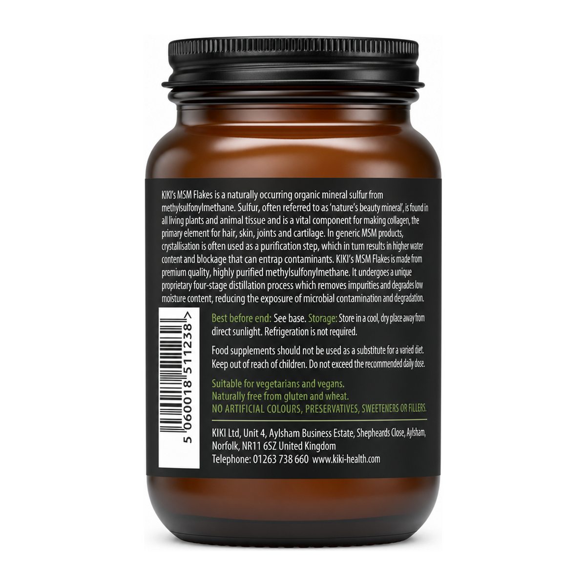KIKI Health MSM Flakes — back view showing ingredients and product details, studio product photo on white background