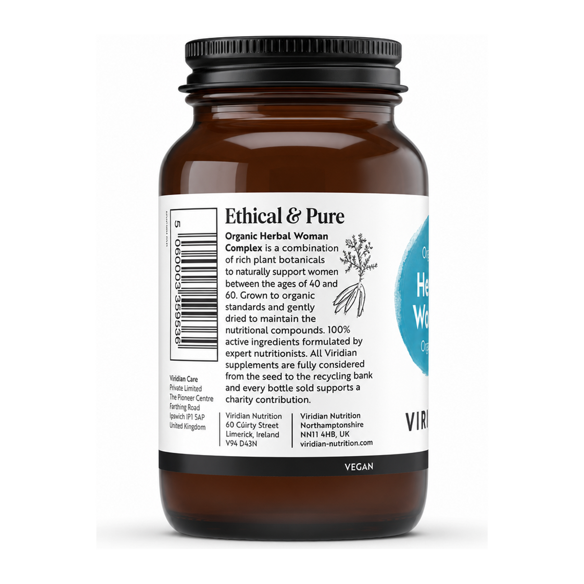 Viridian Organic Herbal Female Complex — back view showing ingredients and product details, studio product photo on white background