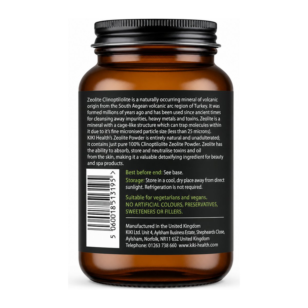 KIKI Health Zeolite Powder — back view showing ingredients and product details, studio product photo on white background