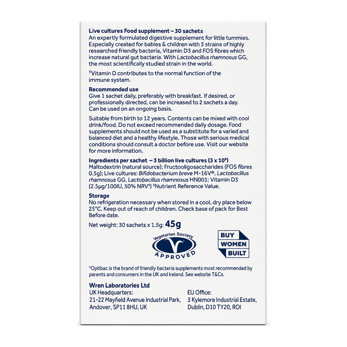 Optibac Probiotics For Babies & Children 10 sachets — back view showing ingredients and product details, studio product photo on white background