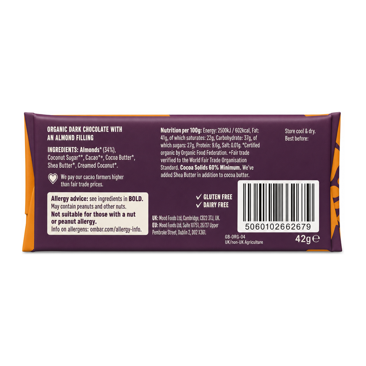 Ombar Almond Butter Filled Chocolate Bar — back view showing ingredients and product details, studio product photo on white background
