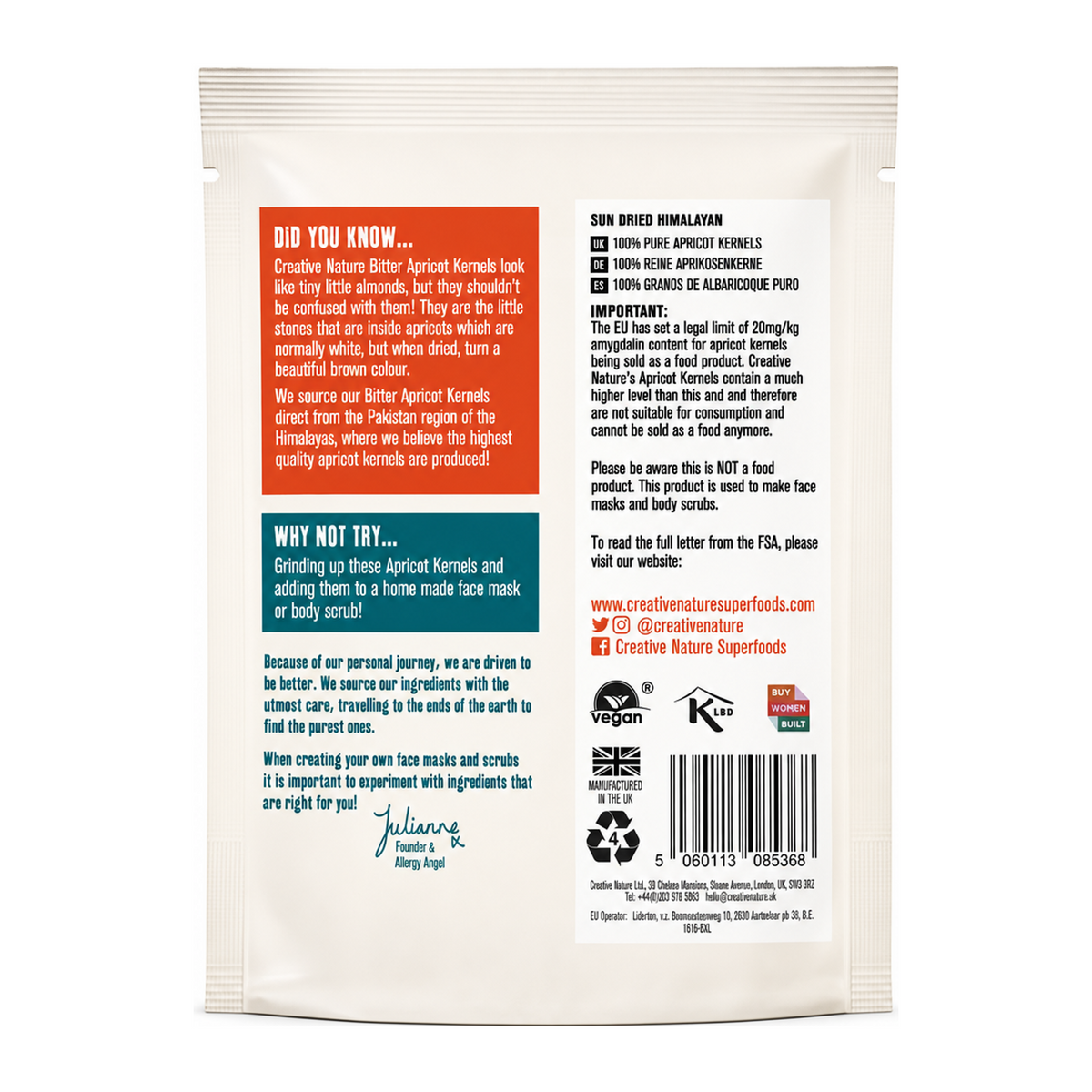 Creative Nature Bitter Himalayan Apricot Kernels — back view showing ingredients and product details, studio product photo on white background