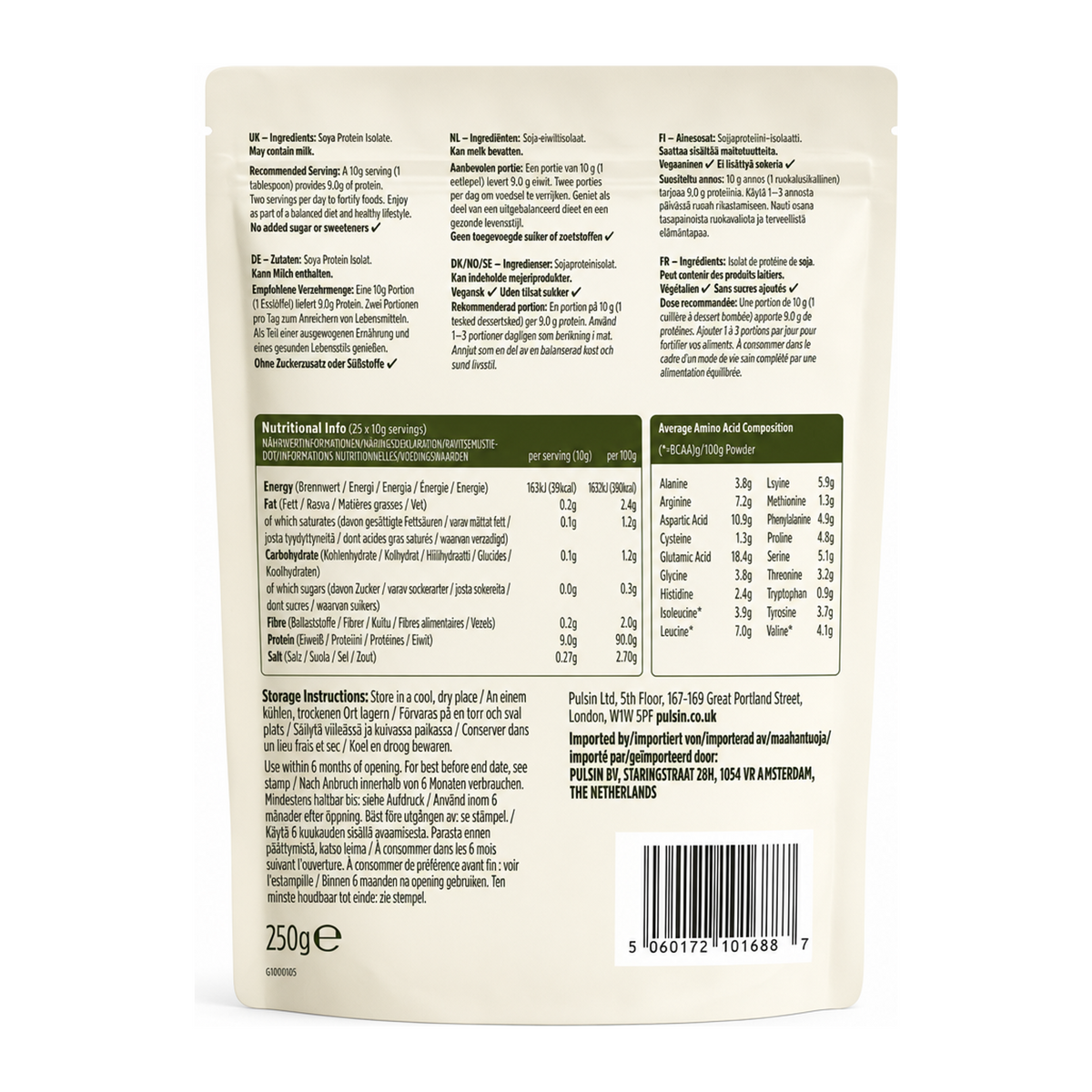 Pulsin Soya Protein Isolate Powder Unsweetened g — back view showing ingredients and product details, studio product photo on white background