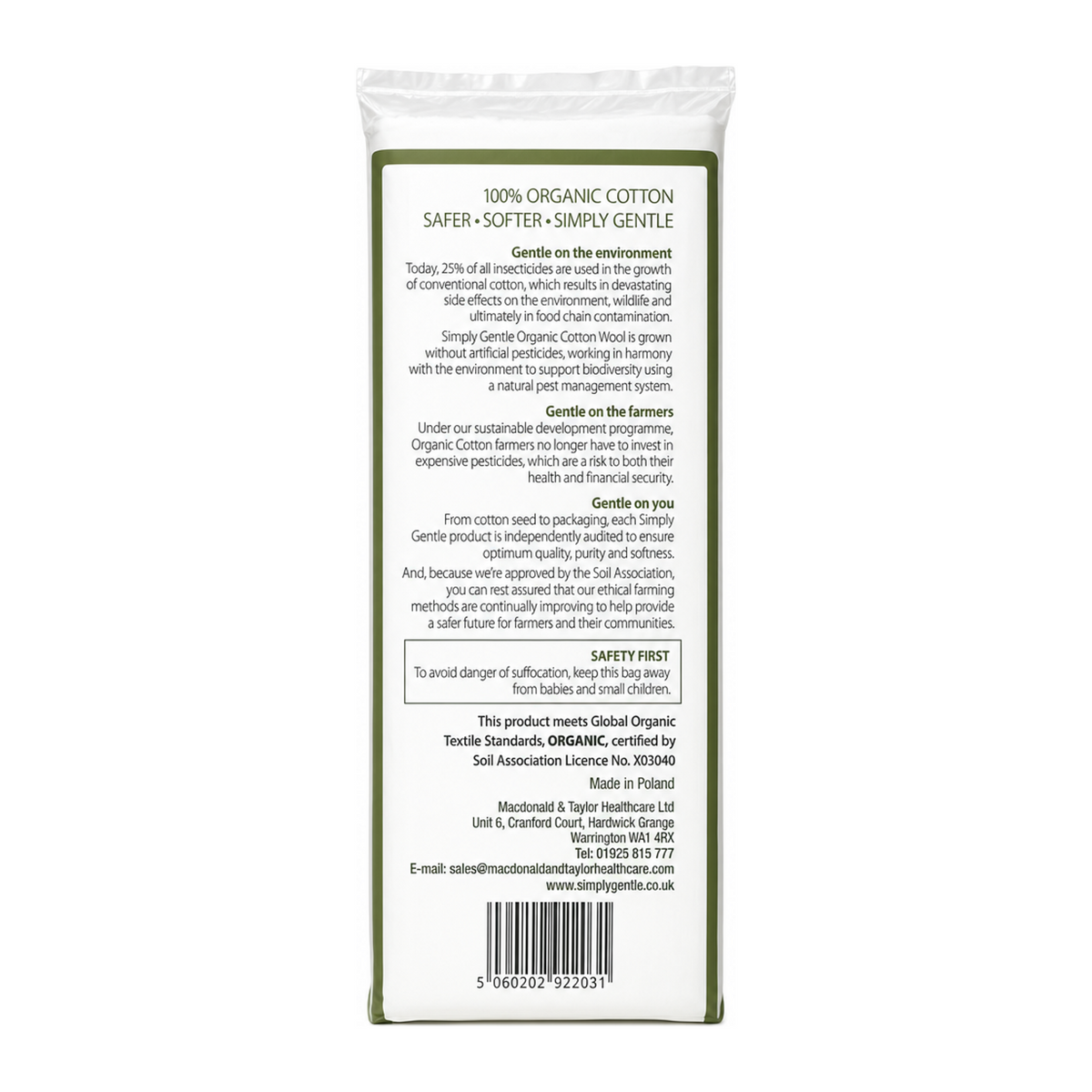 Simply Gentle Organic Cotton Pleats 100's — back view showing ingredients and product details, studio product photo on white background