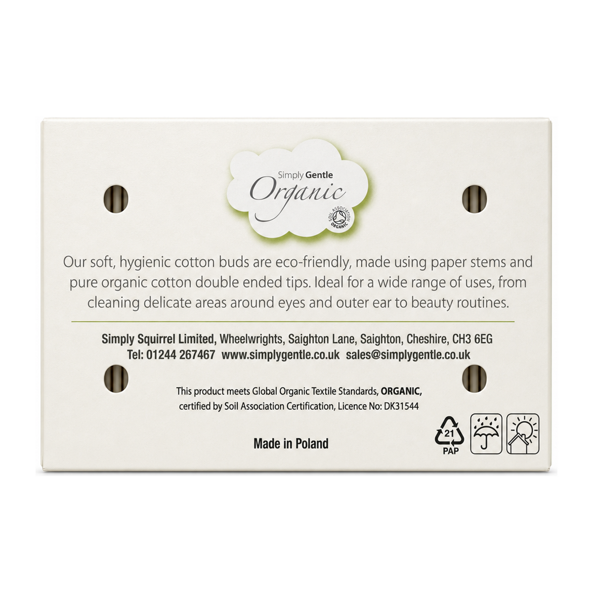 Simply Gentle Organic Cotton Buds 200's — back view showing ingredients and product details, studio product photo on white background