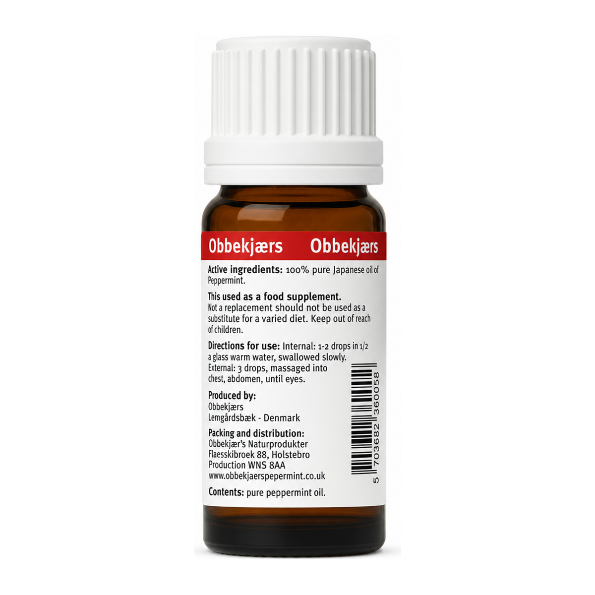 Obbekjaers Japanese Oil of Peppermint — back view showing ingredients and product details, studio product photo on white background