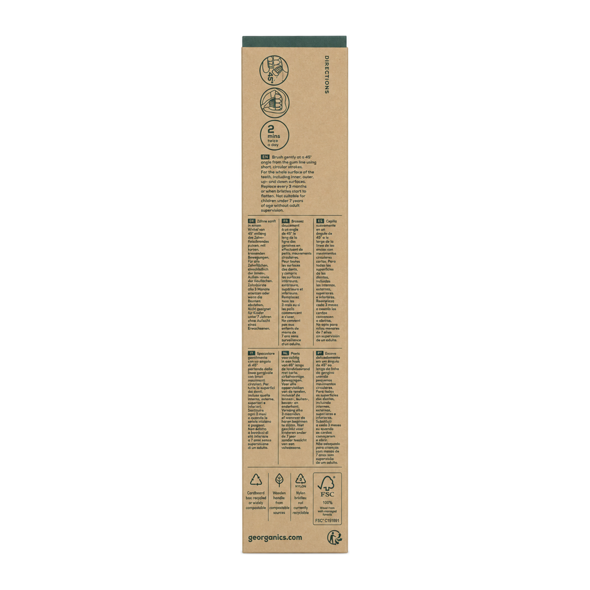 Georganics Beechwood Toothbrush - Medium Bristles — back view showing ingredients and product details, studio product photo on white background