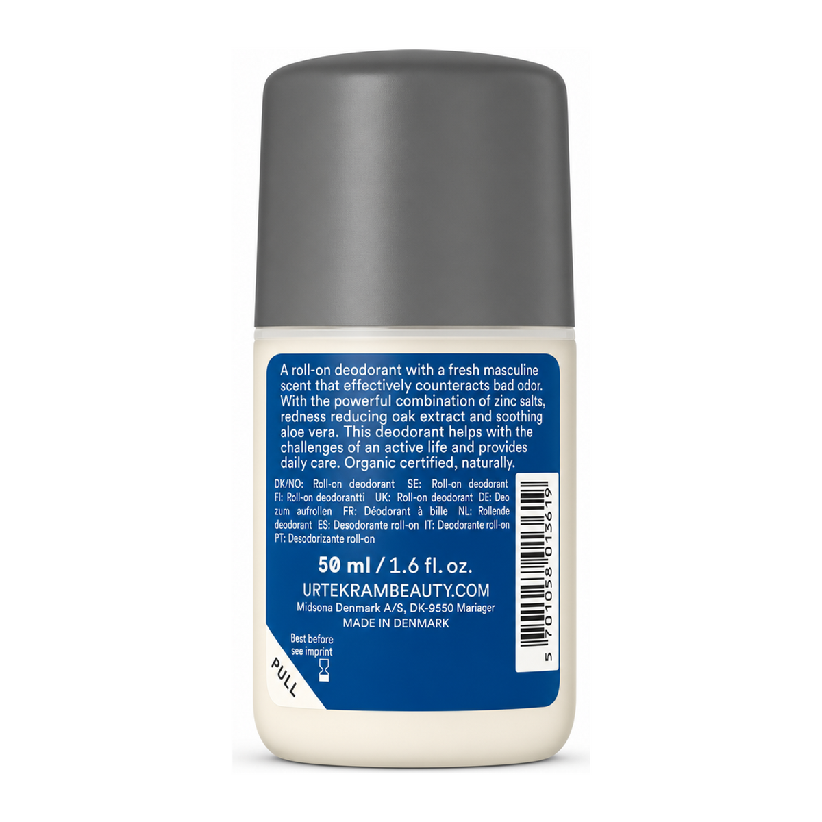 Urtekram Organic Men's Roll on Deodorant — back view showing ingredients and product details, studio product photo on white background