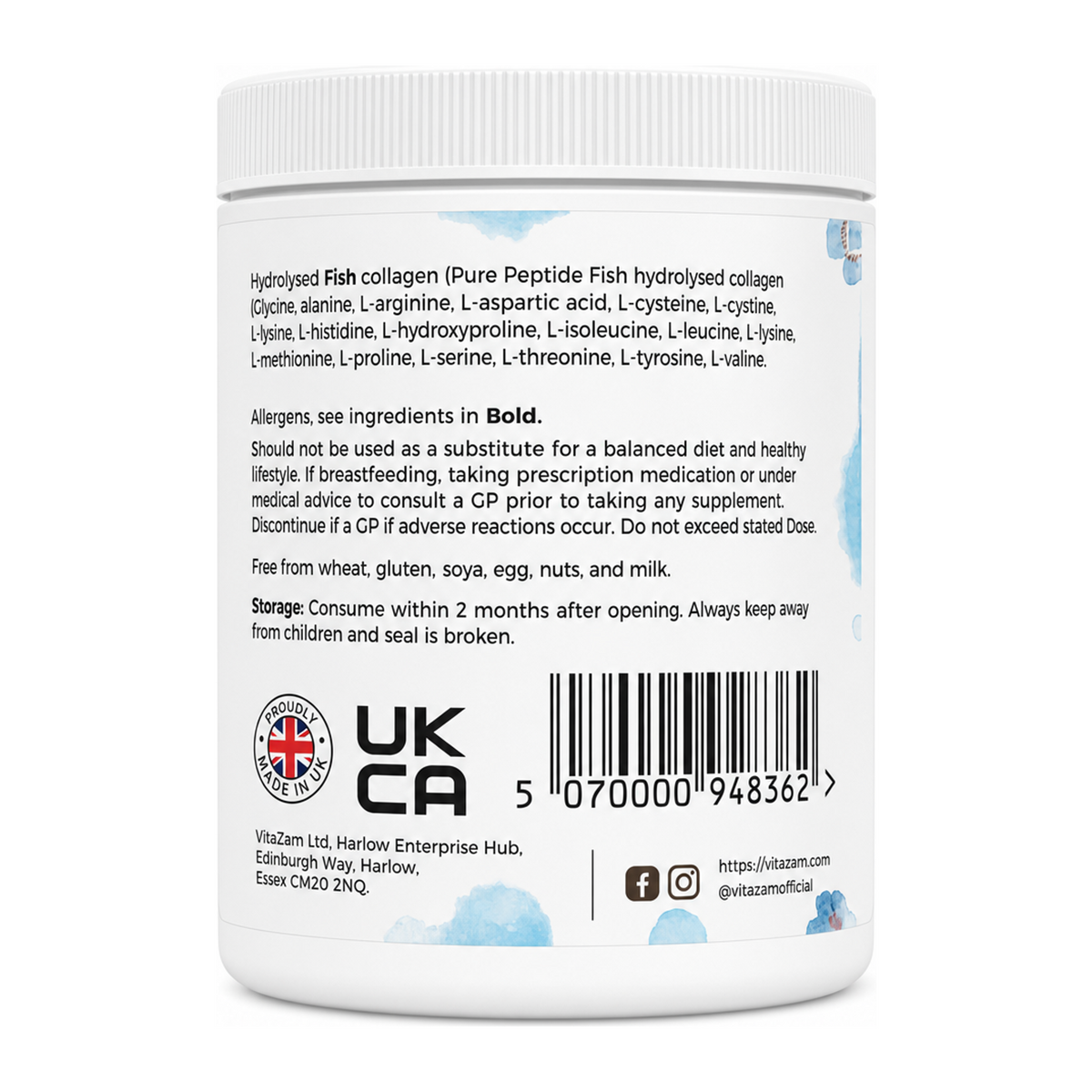 VitaZam Hydrolysed Marine Collagen Powder — back view showing ingredients and product details, studio product photo on white background