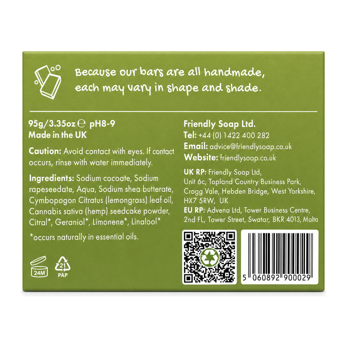 Friendly Soap Lemongrass & Hemp Soap — back view showing ingredients and product details, studio product photo on white background