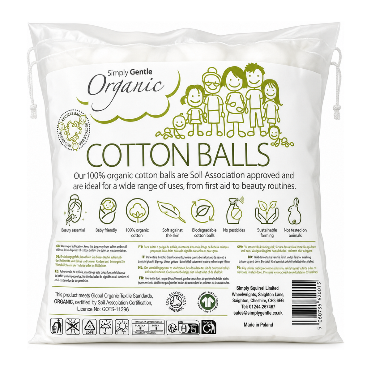 Simply Gentle Organic Cotton Balls 100 Balls — back view showing ingredients and product details, studio product photo on white background