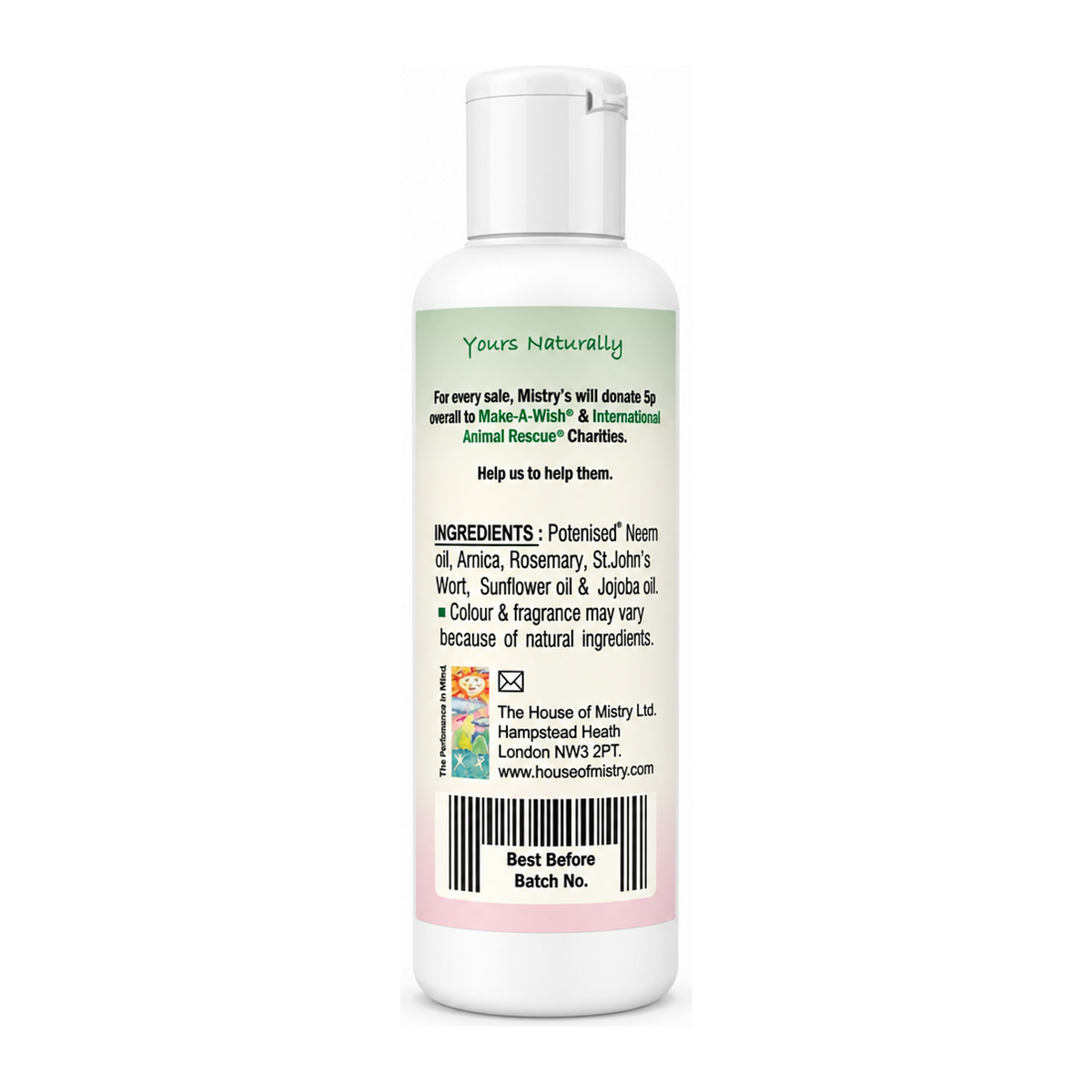 Mistry's Sportee Pain Relief Balm — back view showing ingredients and product details, studio product photo on white background