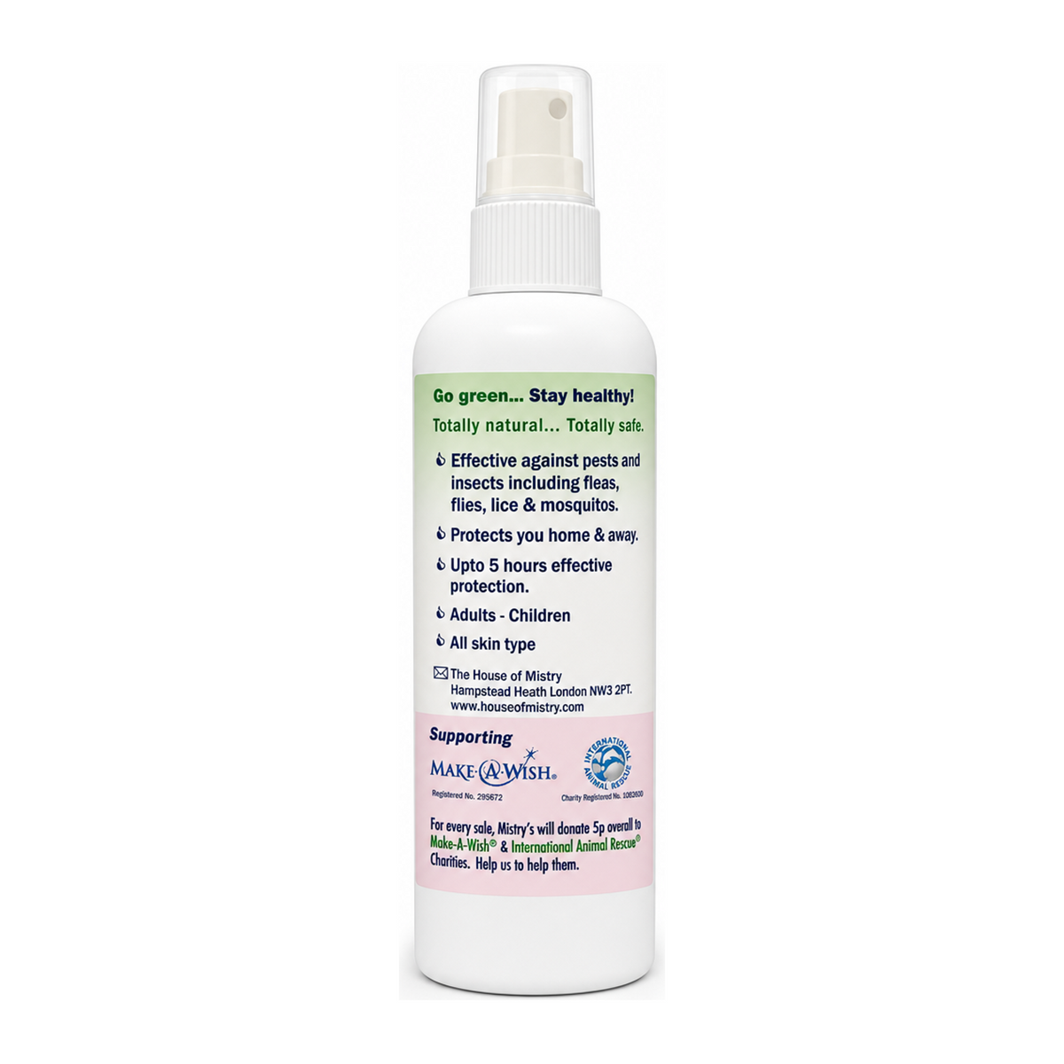 Mistry's Reepelit Insect Repellent — back view showing ingredients and product details, studio product photo on white background