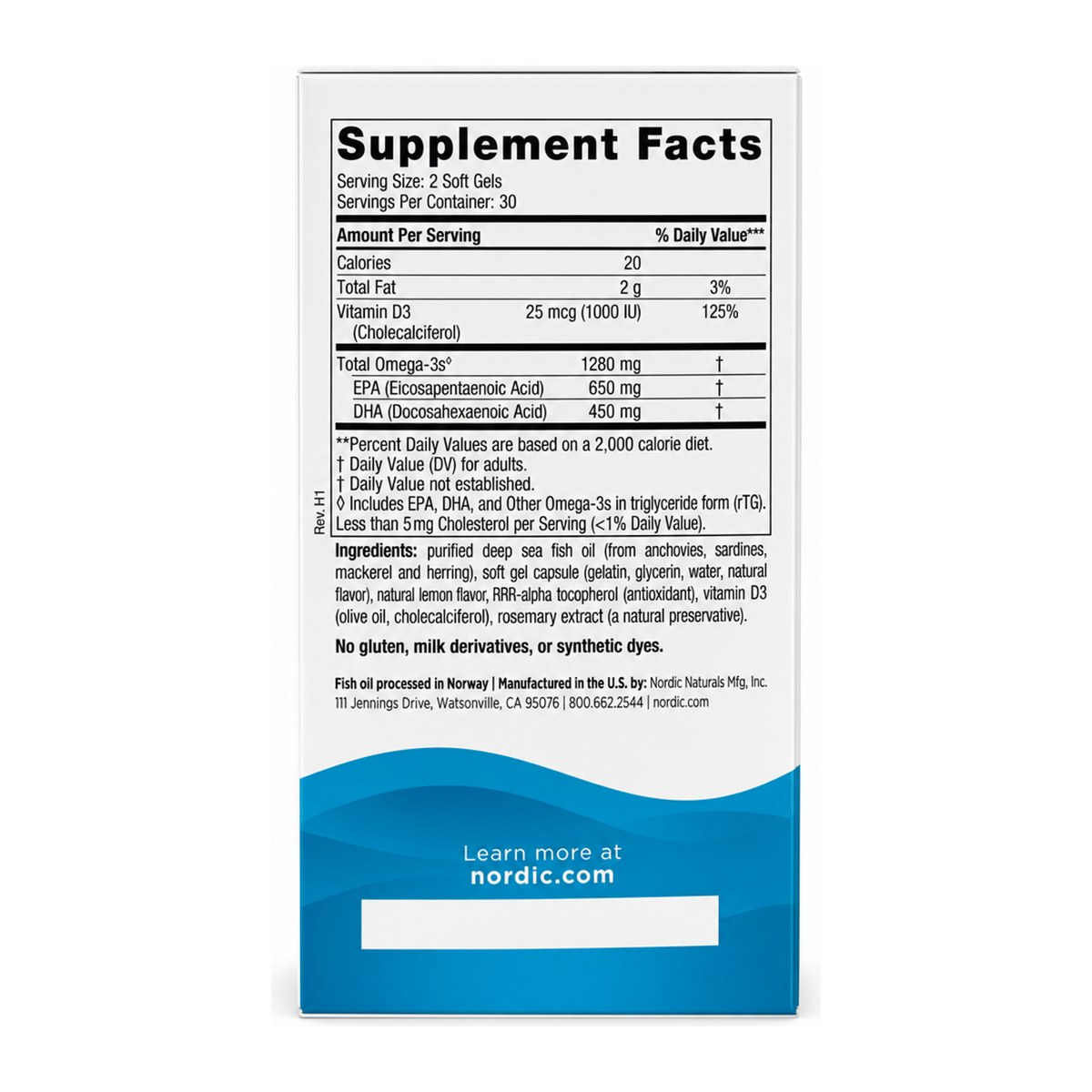 Nordic Naturals, Ultimate Omega®-D3, Lemon, 60 Soft Gels — back view showing ingredients and product details, studio product photo on white background