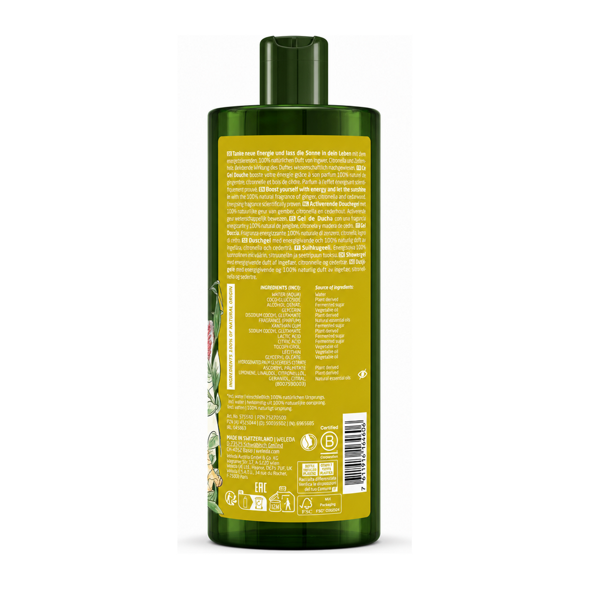 Weleda Energy Shower Cream Ginger — back view showing ingredients and product details, studio product photo on white background