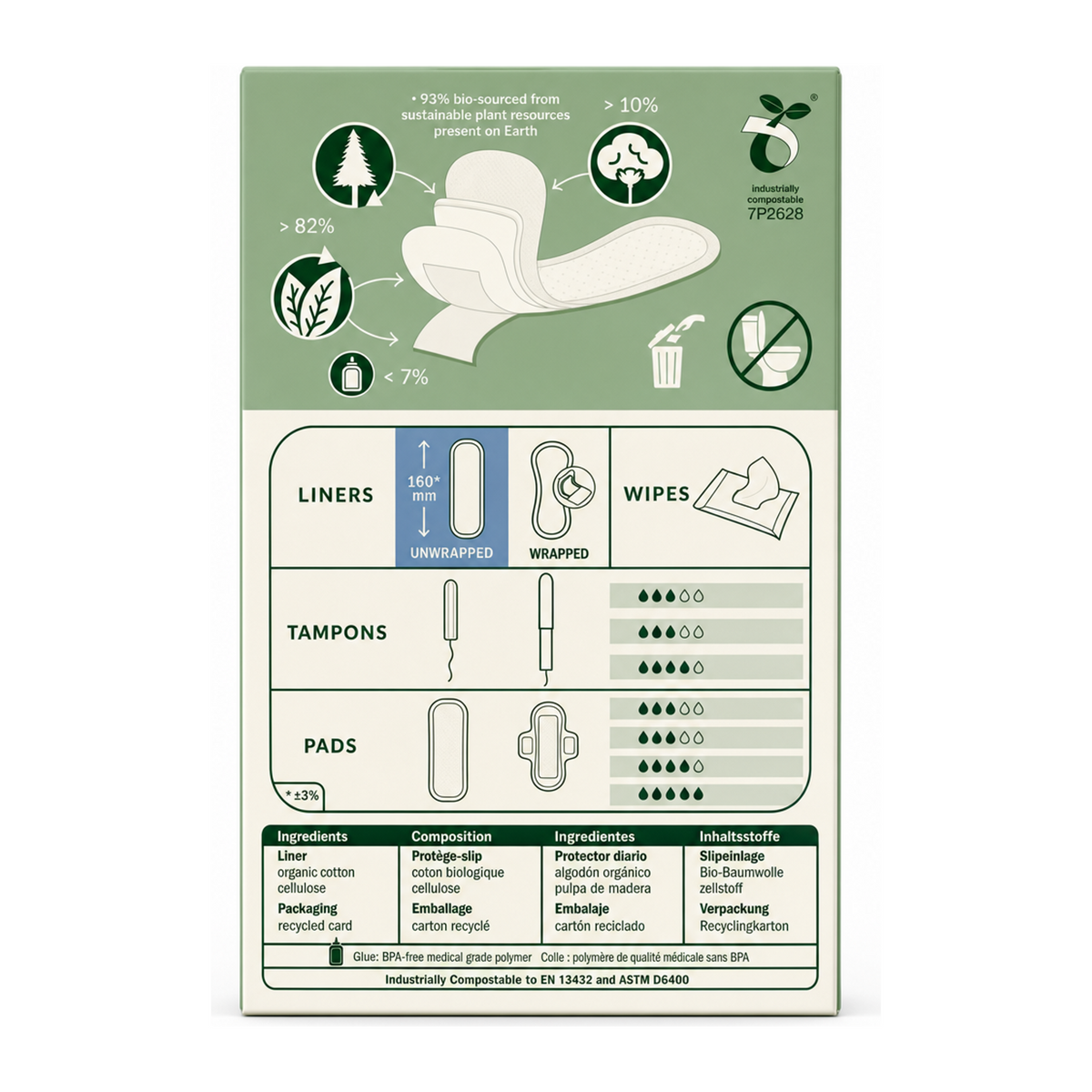Natracare Mini Pantyliners x 30 — back view showing ingredients and product details, studio product photo on white background