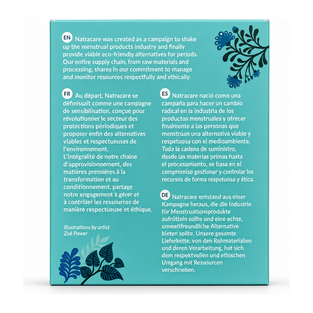 Natracare Natural Ultra Pads Regular with wings x 14 — back view showing ingredients and product details, studio product photo on white background