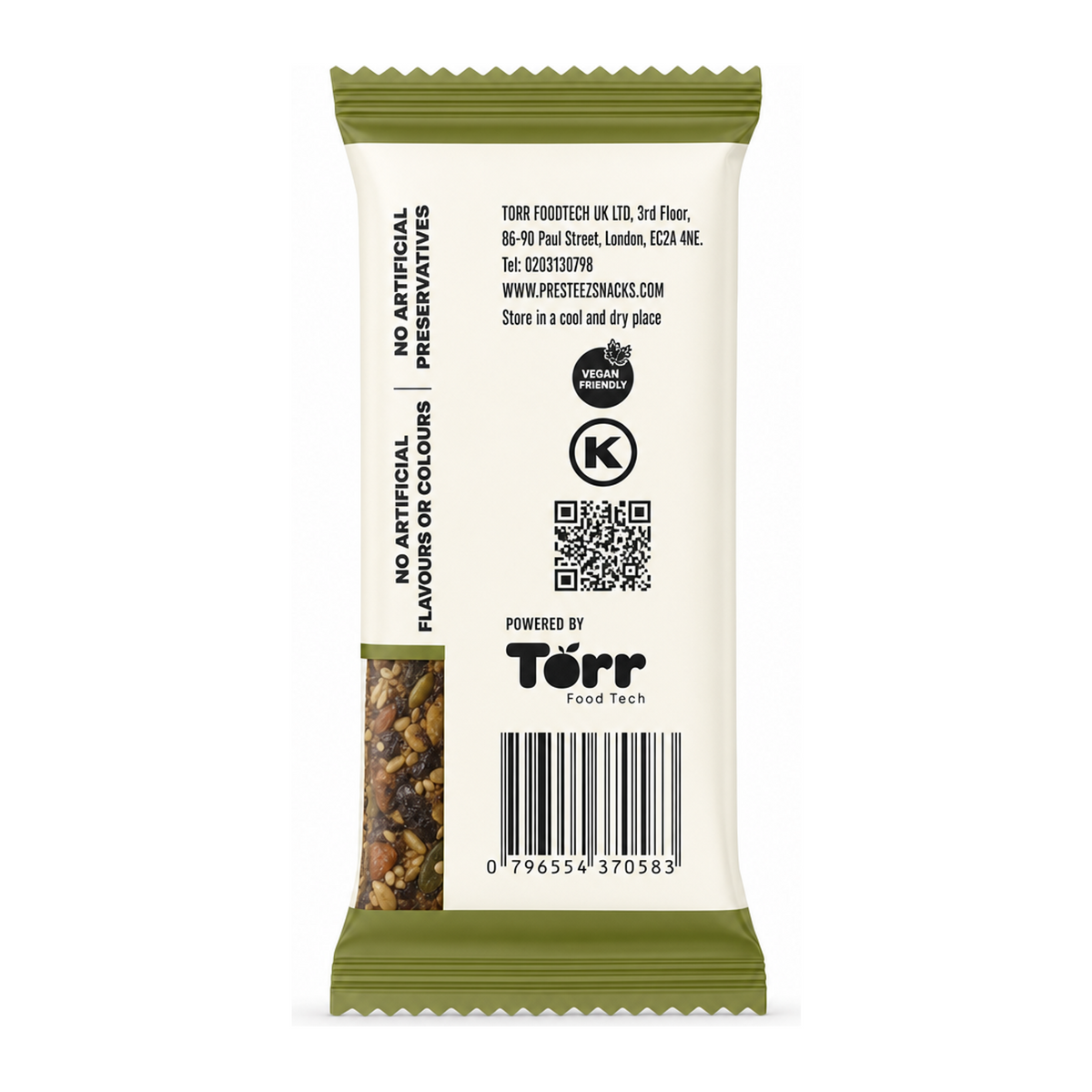 Presteez Olive & Seeds Bar — back view showing ingredients and product details, studio product photo on white background