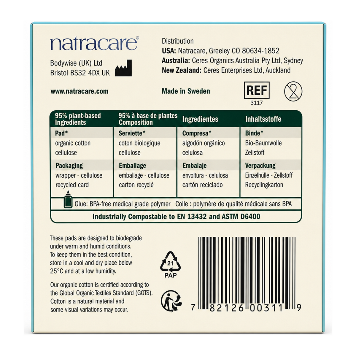 Natracare Natural Ultra Pads Super Plus x 12 — back view showing ingredients and product details, studio product photo on white background