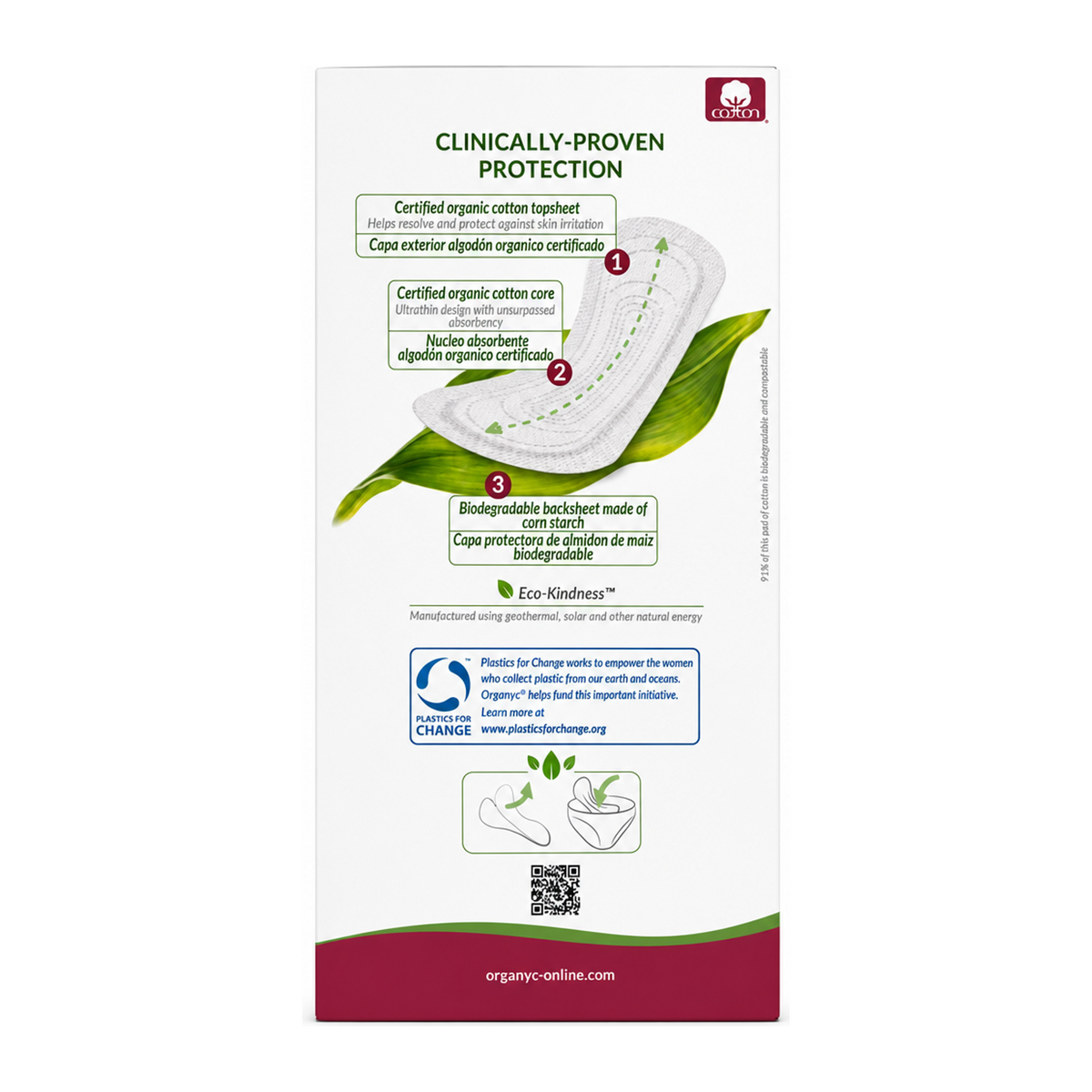 Organyc Extra Long flat panty liners light flow — back view showing ingredients and product details, studio product photo on white background