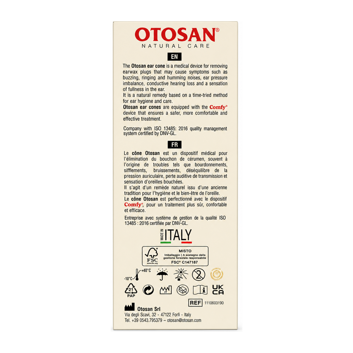 Otosan Ear Cones Twin Pack — back view showing ingredients and product details, studio product photo on white background