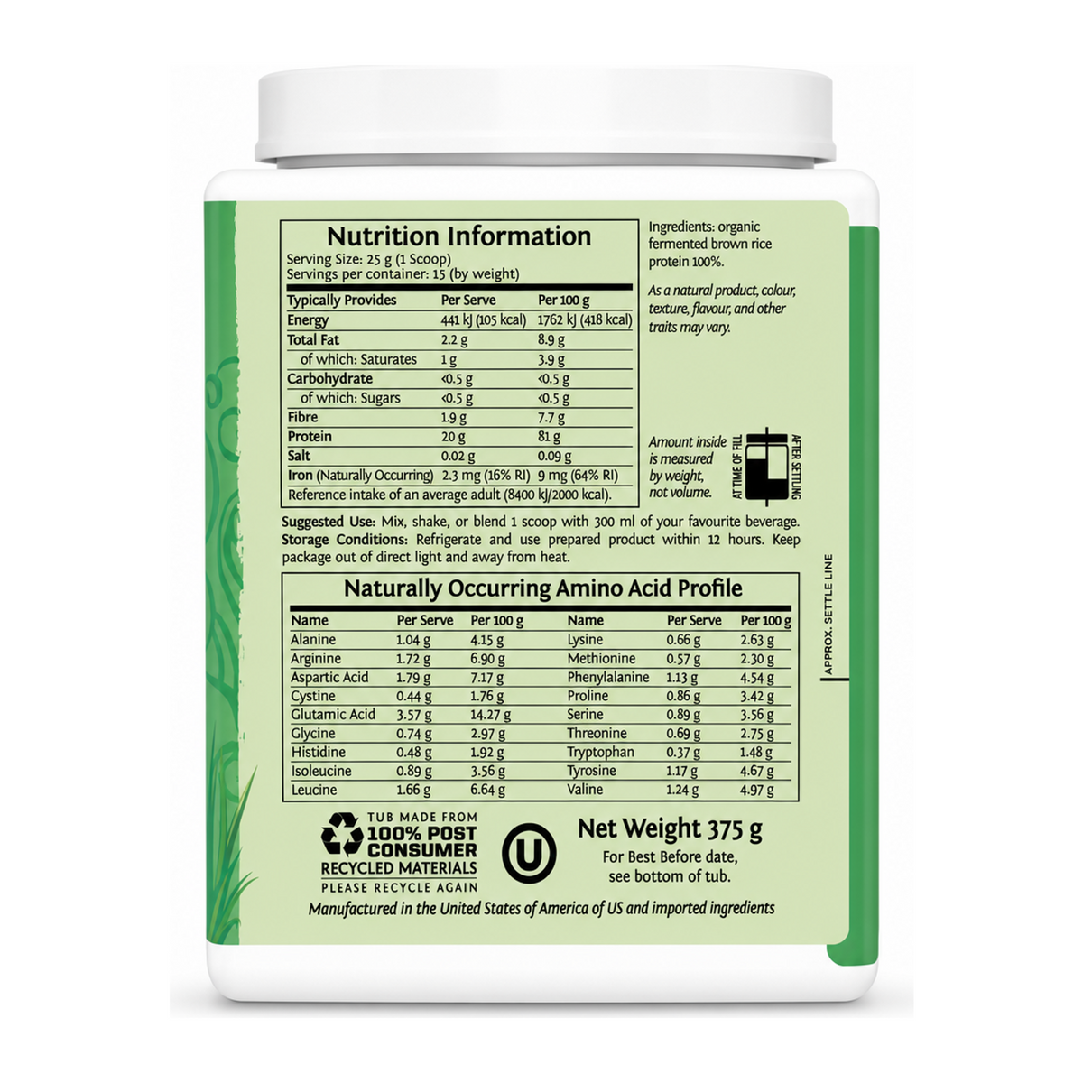 Sunwarrior Classic Organic Protein Natural — back view showing ingredients and product details, studio product photo on white background