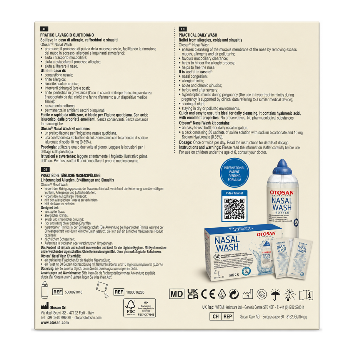 Otosan Nasal Wash Kit (Bottle and wash sachets) — back view showing ingredients and product details, studio product photo on white background