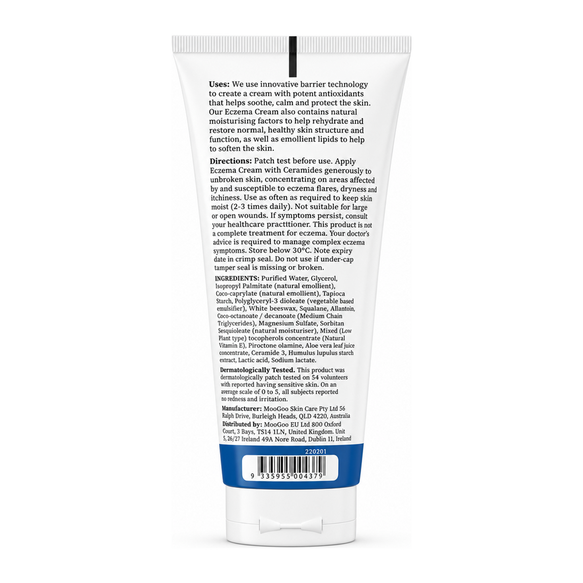 MooGoo Eczema Cream With Ceramides — back view showing ingredients and product details, studio product photo on white background