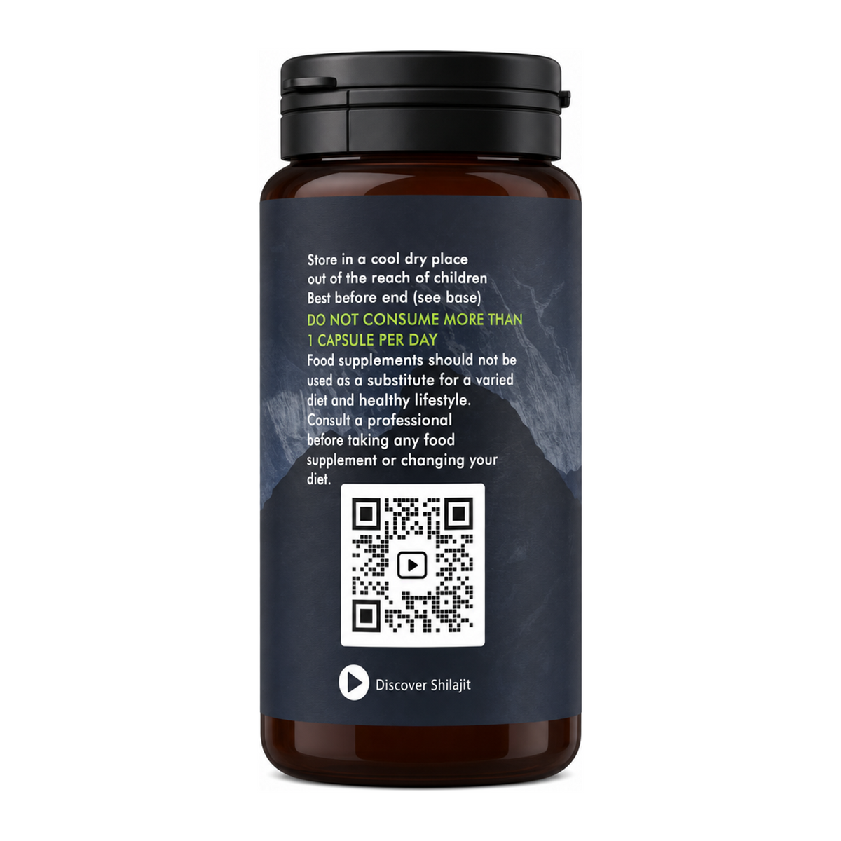 Feel Supreme  Himalayan Shilajit Capsules 400mg — back view showing ingredients and product details, studio product photo on white background