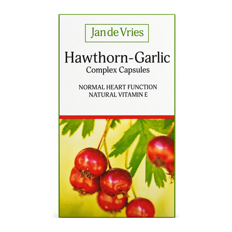 Jan de Vries Hawthorn-Garlic Complex Capsules — front view showing product label and branding, studio product photo on white background