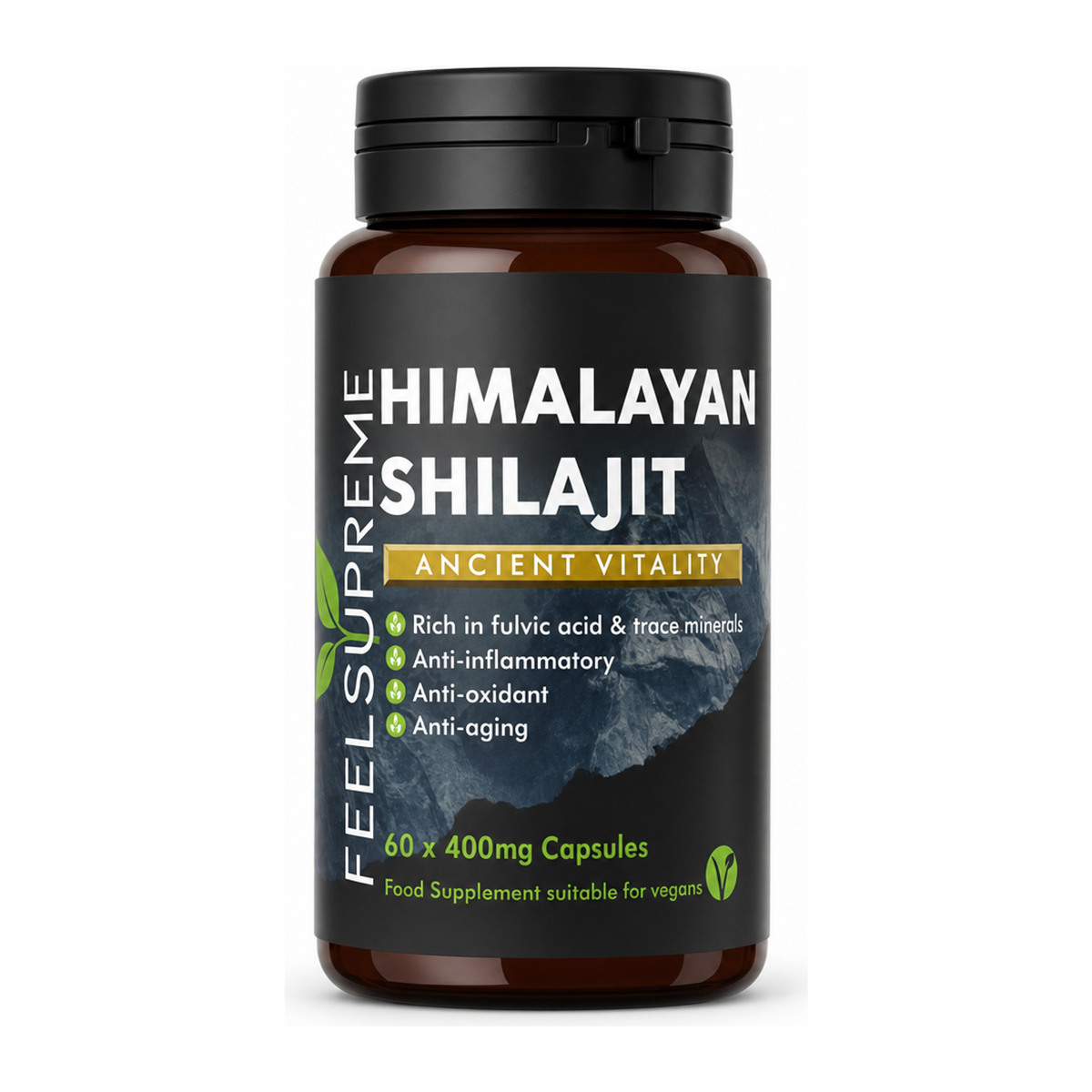Feel Supreme  Himalayan Shilajit Capsules 400mg — front view showing product label and branding, studio product photo on white background