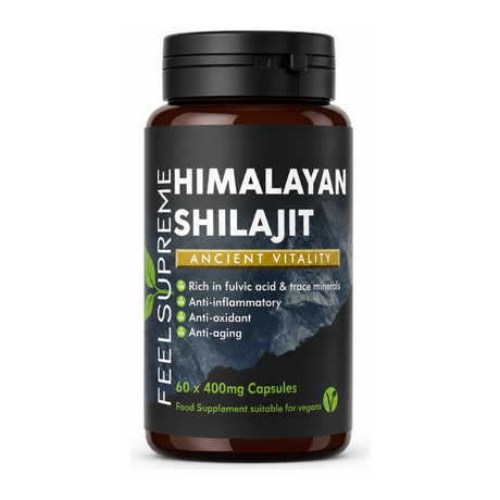 Feel Supreme  Himalayan Shilajit Capsules 400mg — front view showing product label and branding, studio product photo on white background