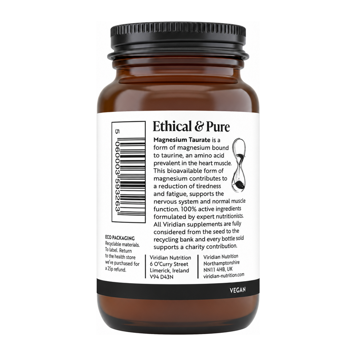 Viridian Magnesium Taurate — back view showing ingredients and product details, studio product photo on white background