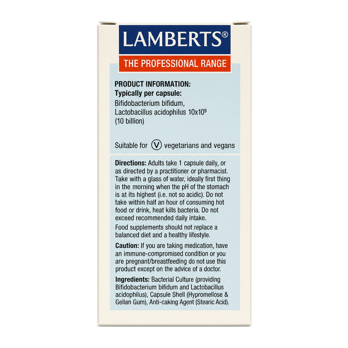 Lamberts Biome Balance Everyday — back view showing ingredients and product details, studio product photo on white background