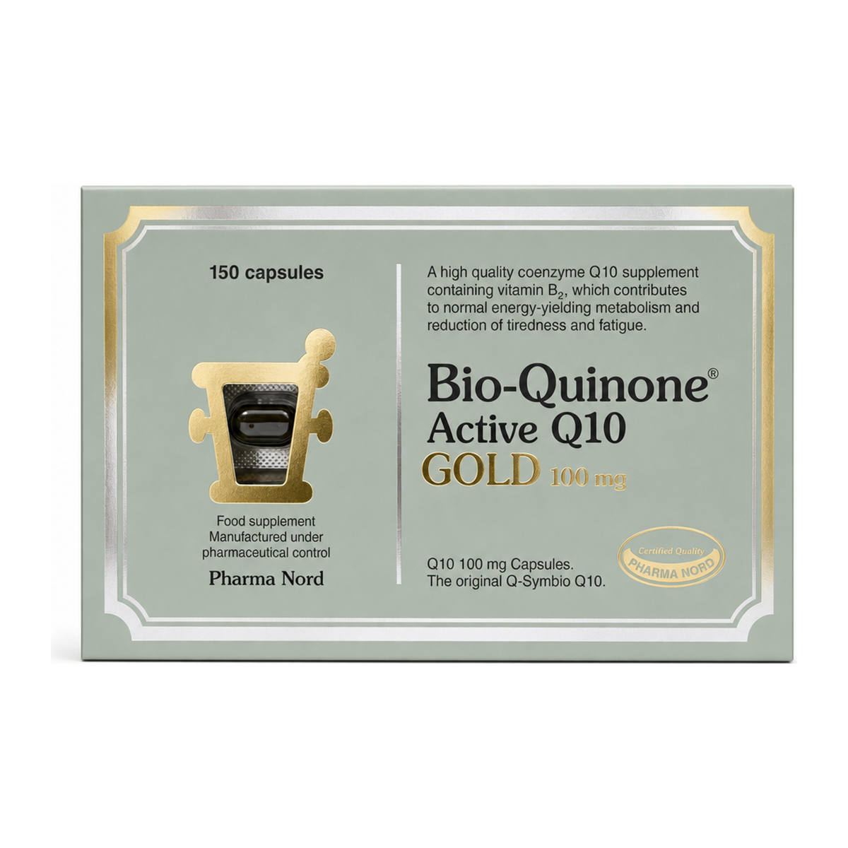 Bio-Quinone Q10 Gold 100mg Capsules — front view showing product label and branding, studio product photo on white background