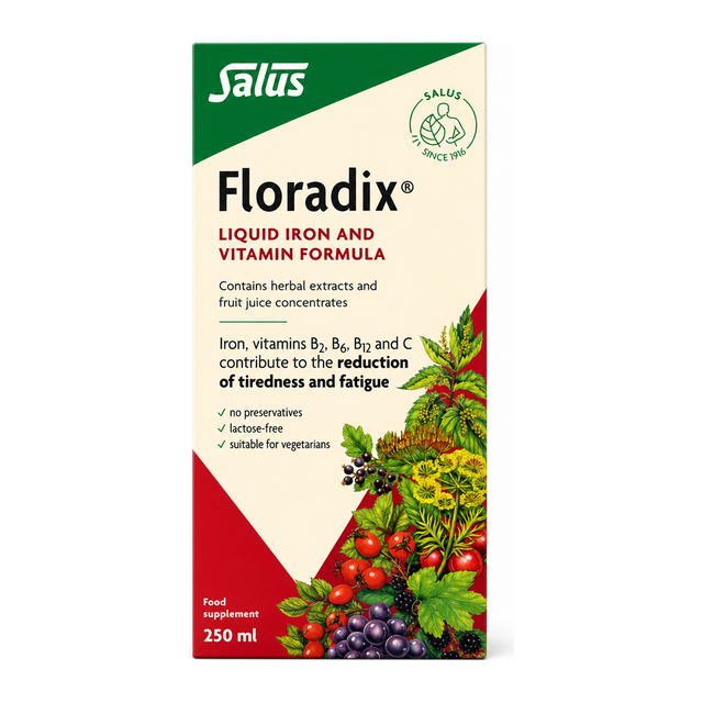 Floradix Liquid Iron and Vitamin Formula — front view showing product label and branding, studio product photo on white background