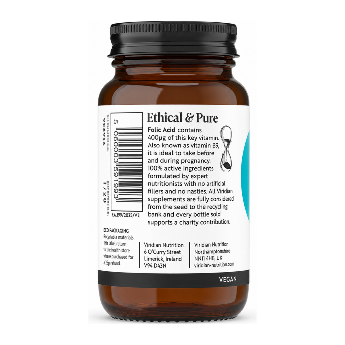 Viridian Folic Acid 400ug — back view showing ingredients and product details, studio product photo on white background