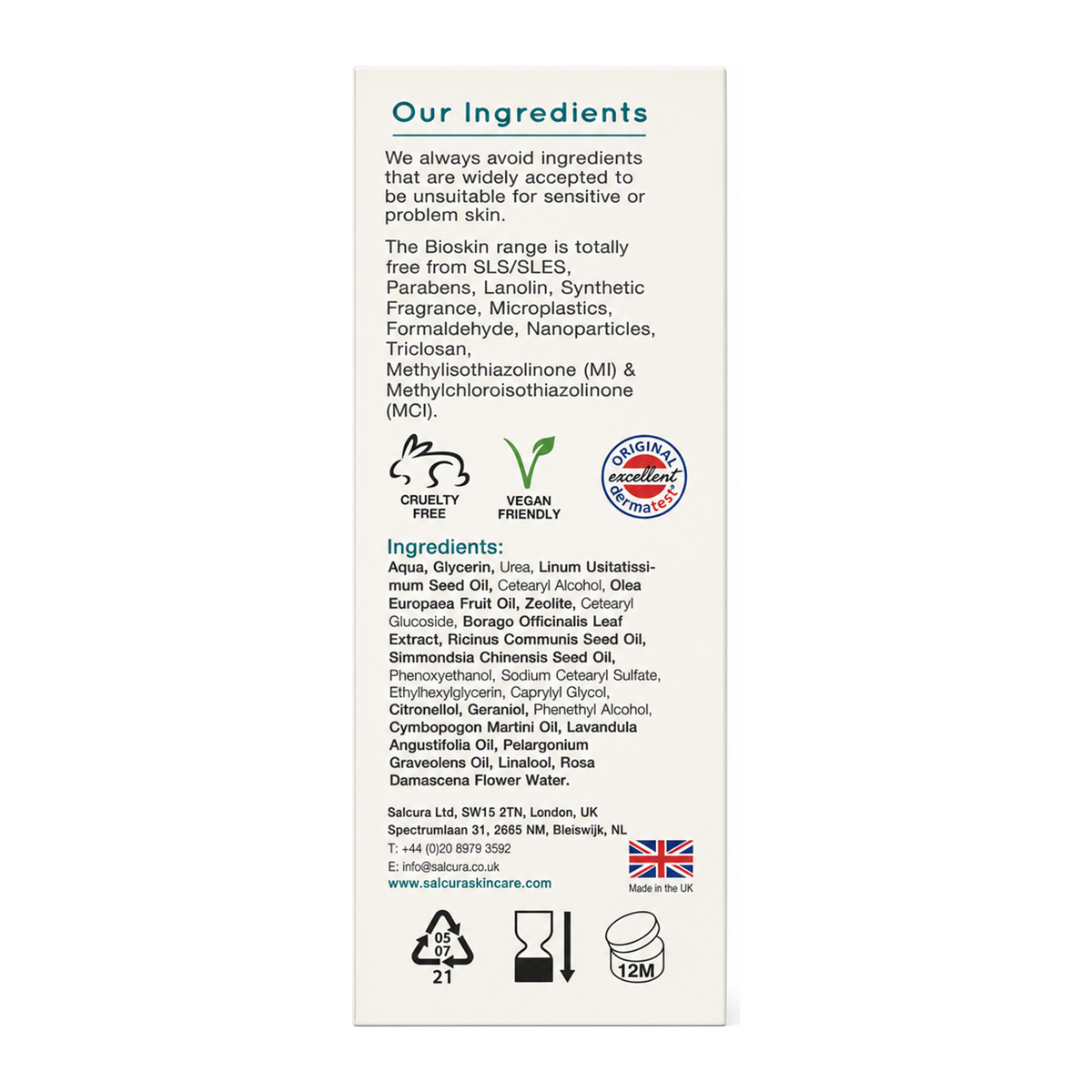 Salcura Bioskin Zeoderm — back view showing ingredients and product details, studio product photo on white background