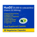 HuxD3 20,000 IU ( Vitamin D3 500mcg) 30 vcaps — front view showing product label and branding, studio product photo on white background