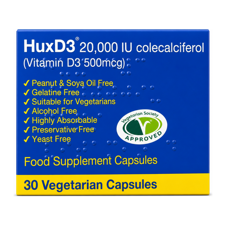HuxD3 20,000 IU ( Vitamin D3 500mcg) 30 vcaps — front view showing product label and branding, studio product photo on white background