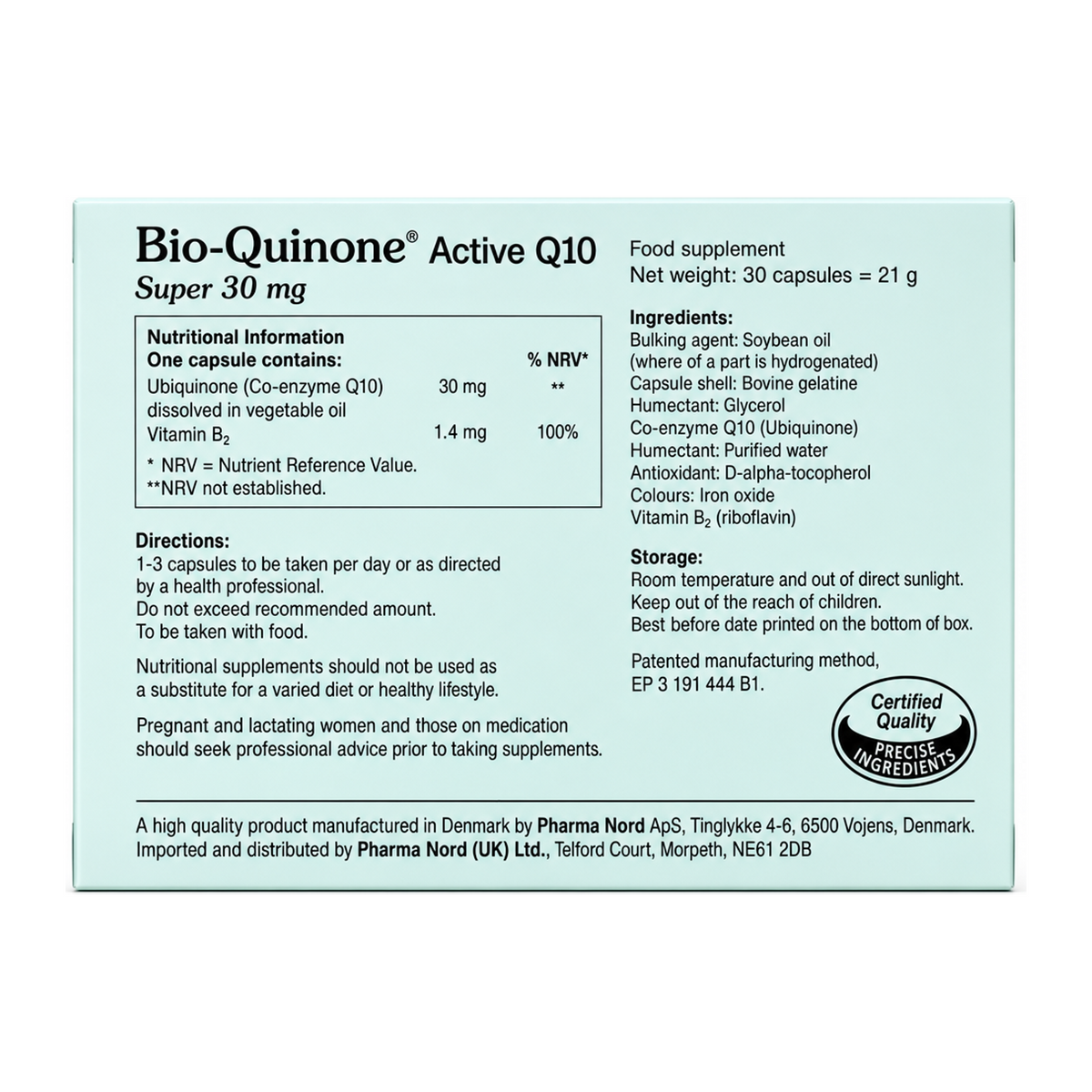 Pharma Nord Bio-Quinone Active Q10 Super 30mg — back view showing ingredients and product details, studio product photo on white background