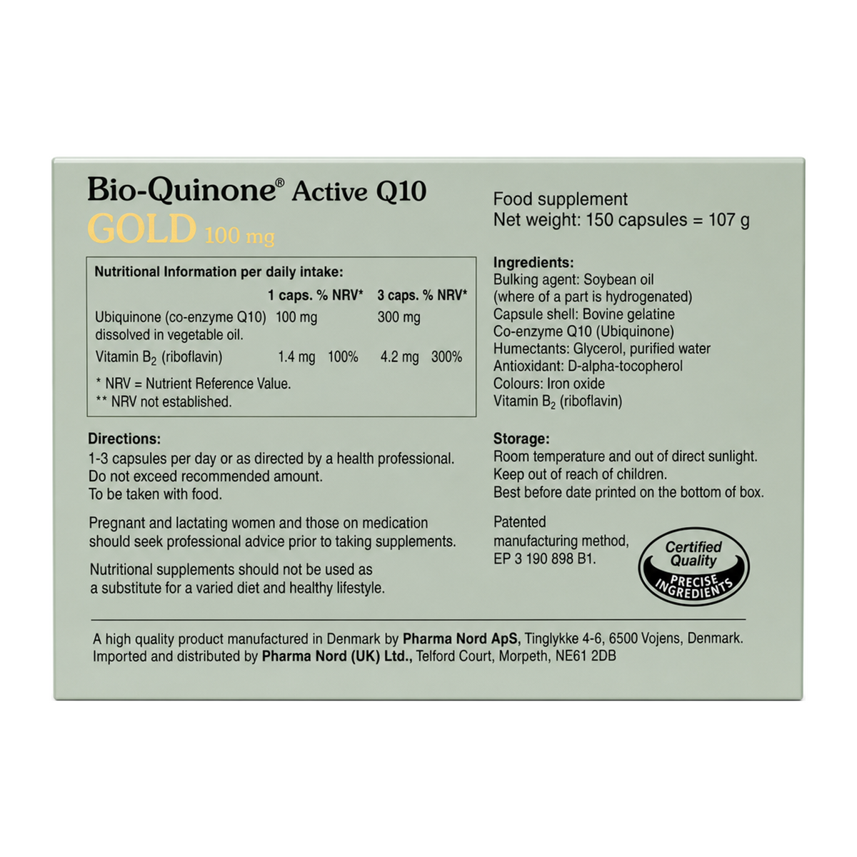 Bio-Quinone Q10 Gold 100mg Capsules — back view showing ingredients and product details, studio product photo on white background