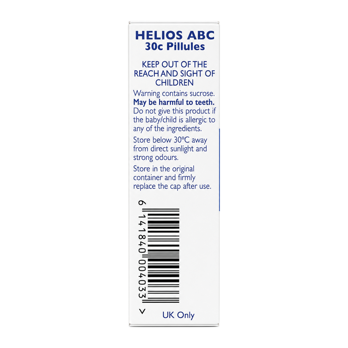 Helios Homeopathic Remedy ABC 30c — back view showing ingredients and product details, studio product photo on white background
