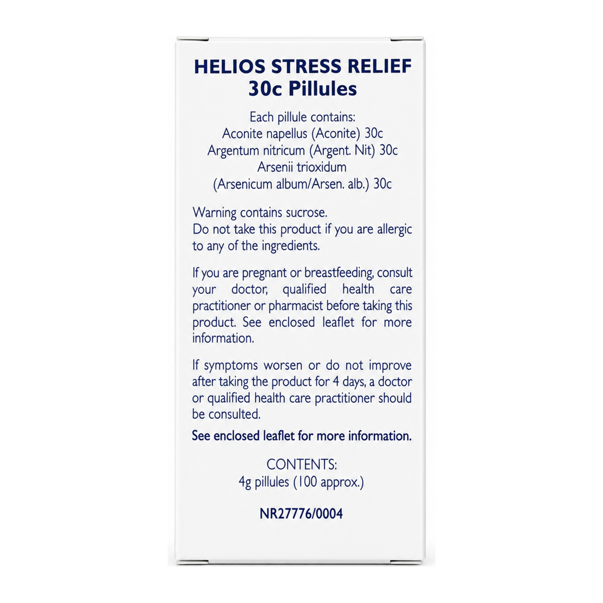 Helios Stress Relief 30c — back view showing ingredients and product details, studio product photo on white background