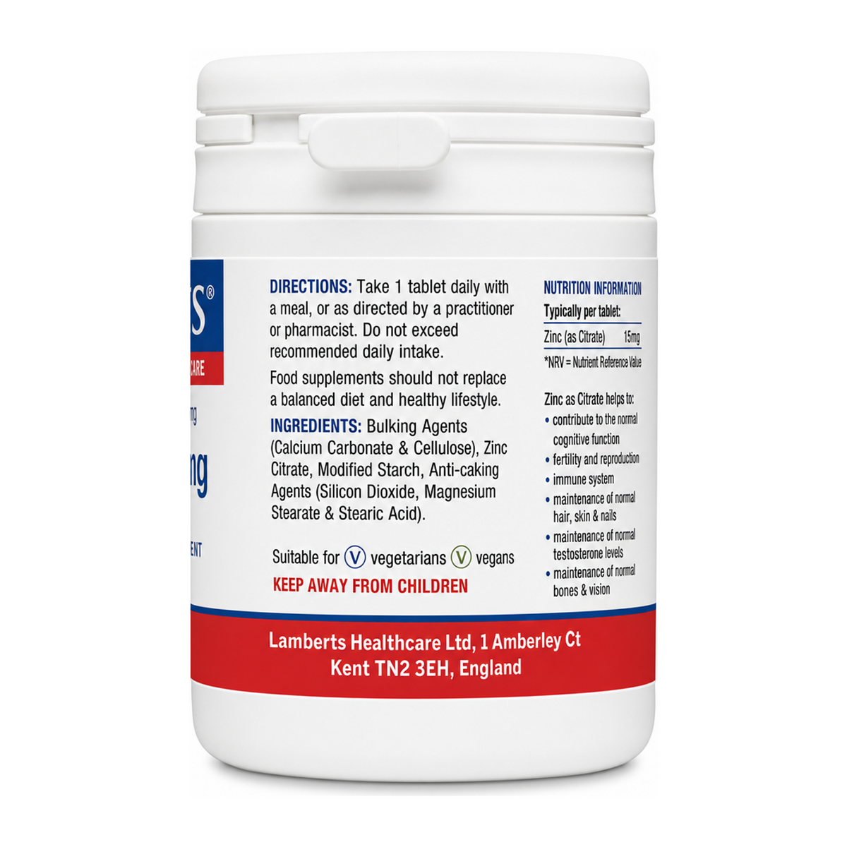 LAMBERTS Zinc 15mg (as Citrate) — back view showing ingredients and product details, studio product photo on white background