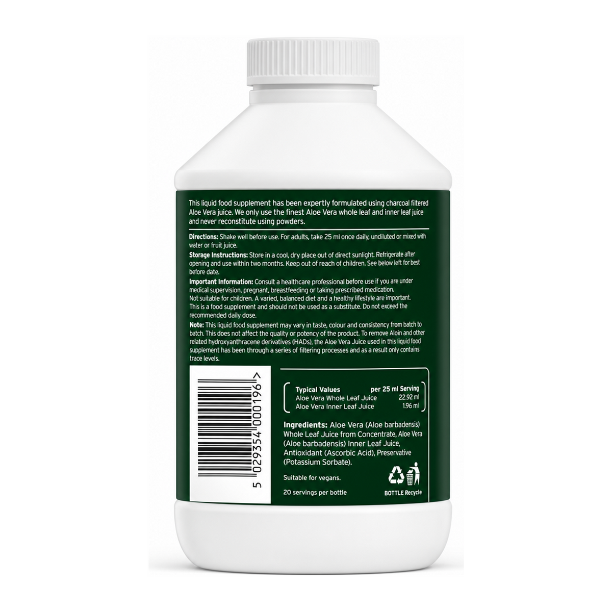 Aloe Pura Aloe Vera Juice Max Strength — back view showing ingredients and product details, studio product photo on white background