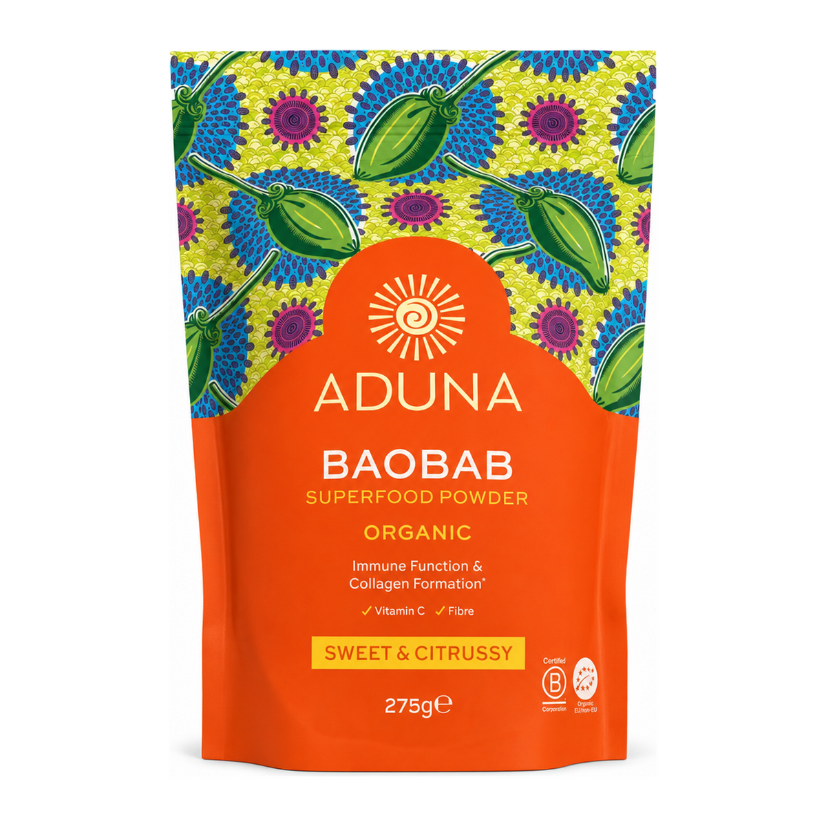 Aduna Baobab Superfruit Powder — front view showing product label and branding, studio product photo on white background