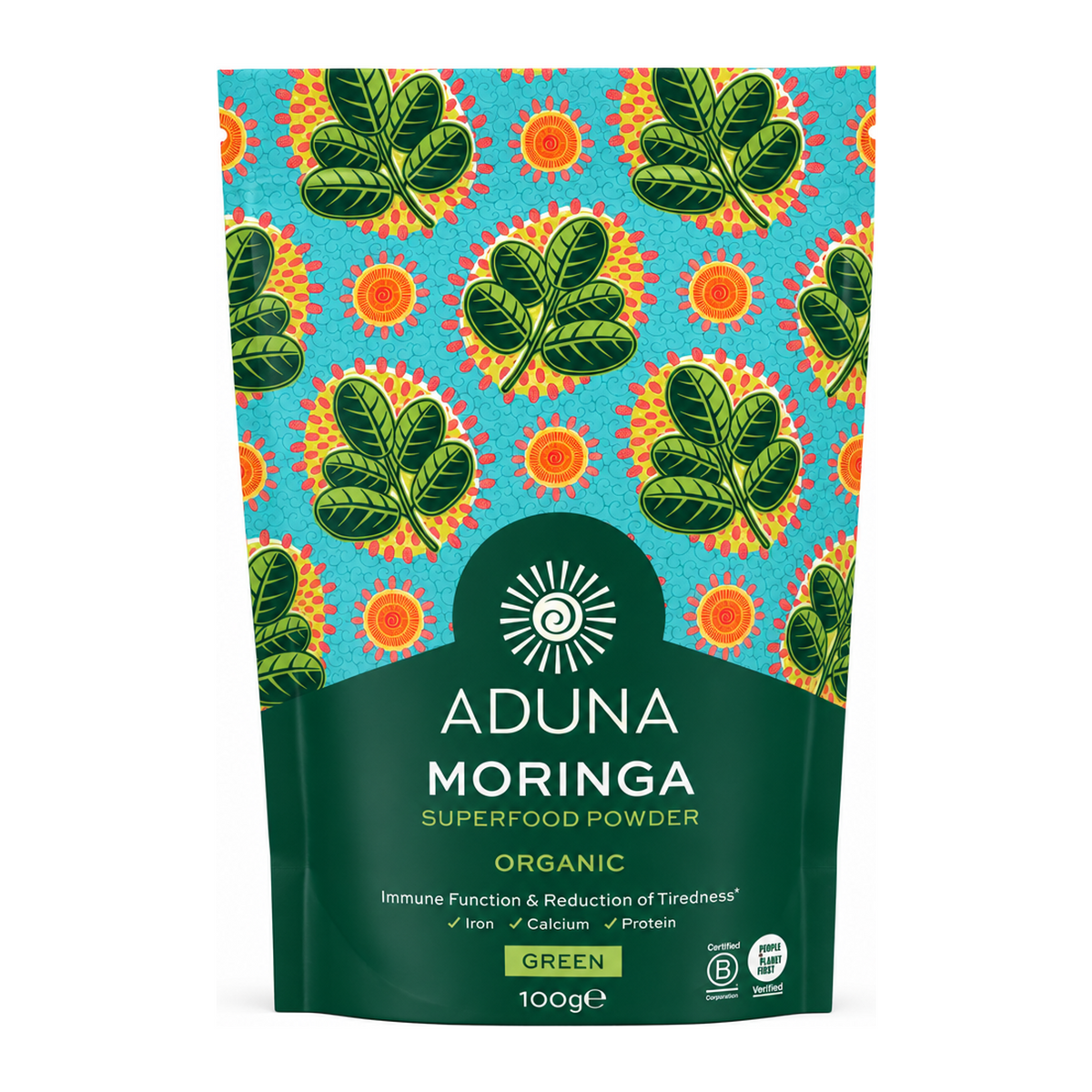 Aduna Moringa Superleaf Powder — front view showing product label and branding, studio product photo on white background